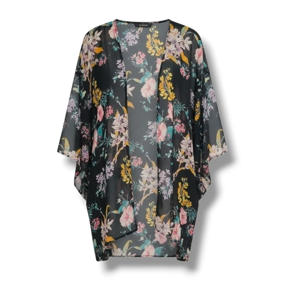 Divided by H&M women's black floral 3/4 sleeves open front cardigan kimono